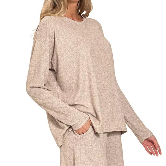 Zenana Soft Melange Long Sleeve Tee and Shorts Set - Picture 2 of 7